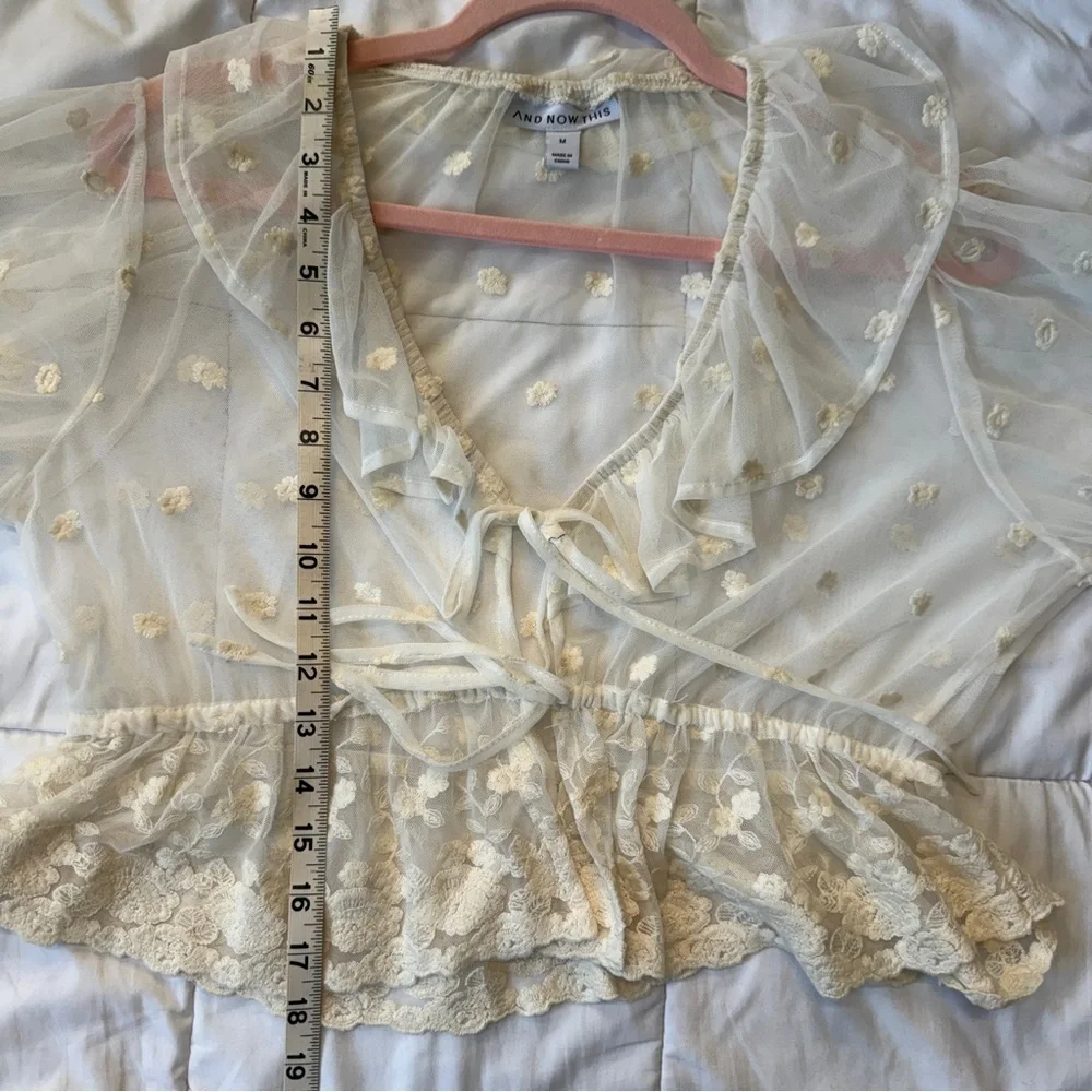 And Now This Sheer Floral Embroidered Ruffle Ivory Blouse Women’s Medium - Picture 10 of 10